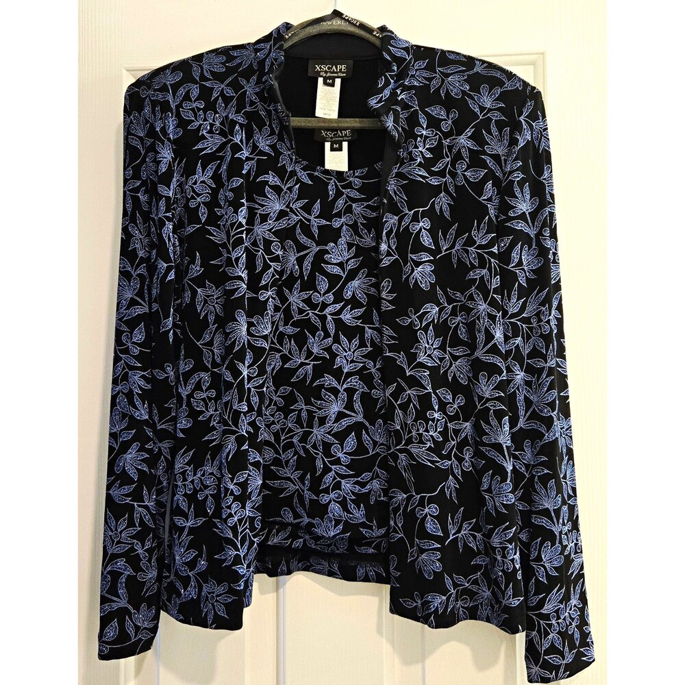 XSCAPE Joanna Chen Twin Set Jacket Tank M Black Blue Metallic Glitter Floral Y2K